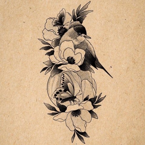 Flash tatouage oiseaux avec des fleurs