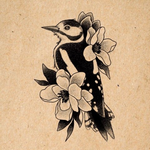 Flash tatouage en Normandie oiseau avec fleurs