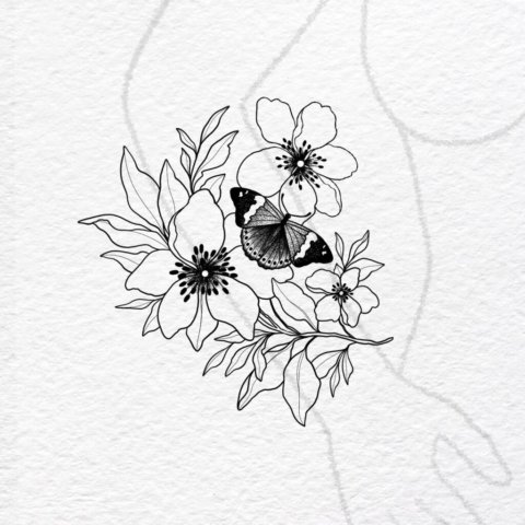 Flash tatouage composition florale avec papillon