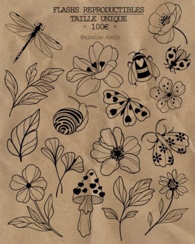 Flashs reproductibles taille unique 100€ Petits flashs tatouage animaux floraux
