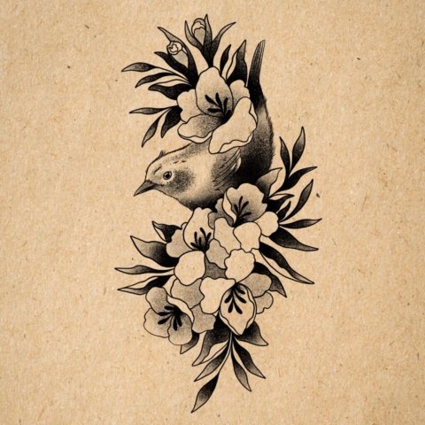 Flash tatouage oiseaux avec fleurs
